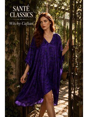 VTG 90s Santé Classics Witchy Caftan One Size Purple Moon Bird Abstract Print